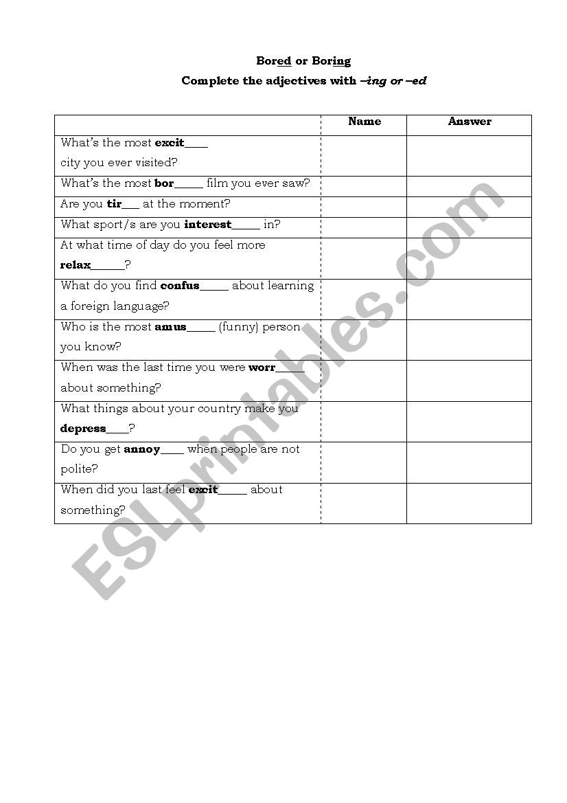 adjectives -ed, -ing worksheet