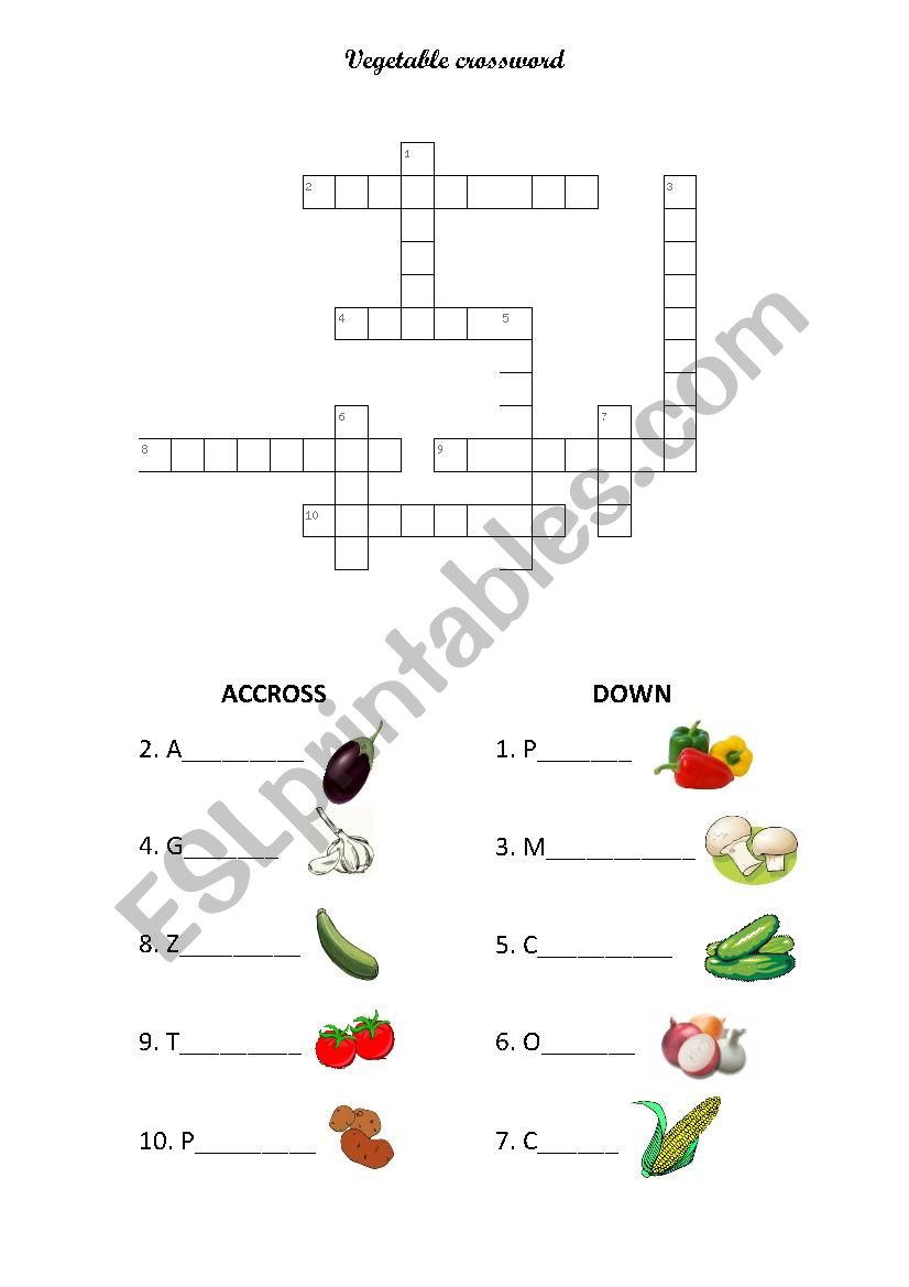 Vegetable crossword worksheet