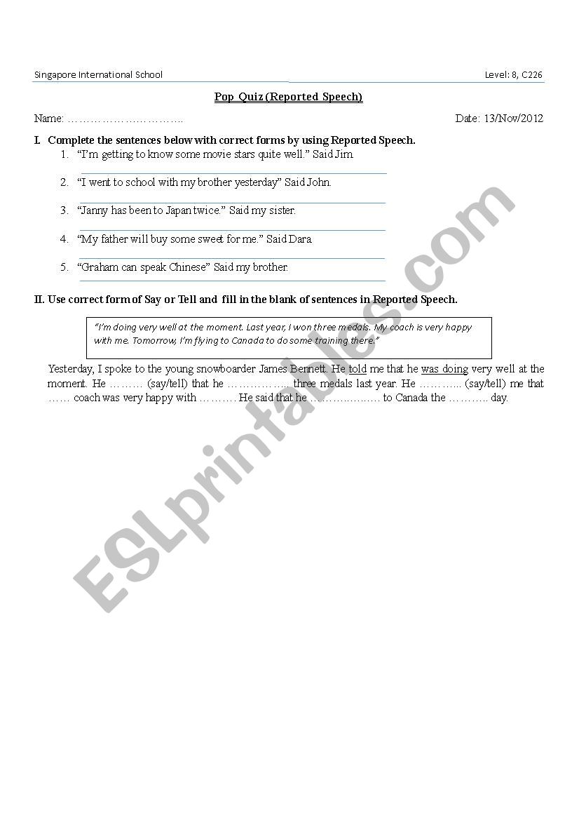 Reported Speech worksheet