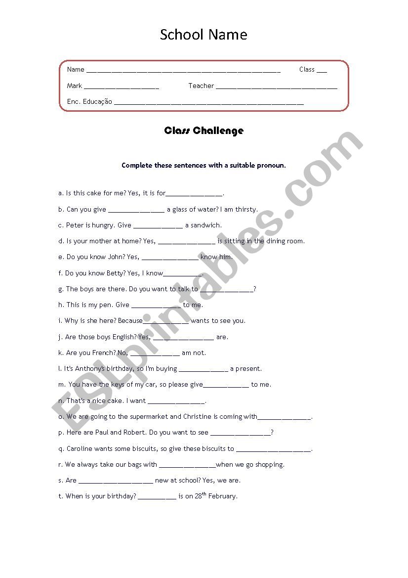 Class Challenge - Personal Pronouns