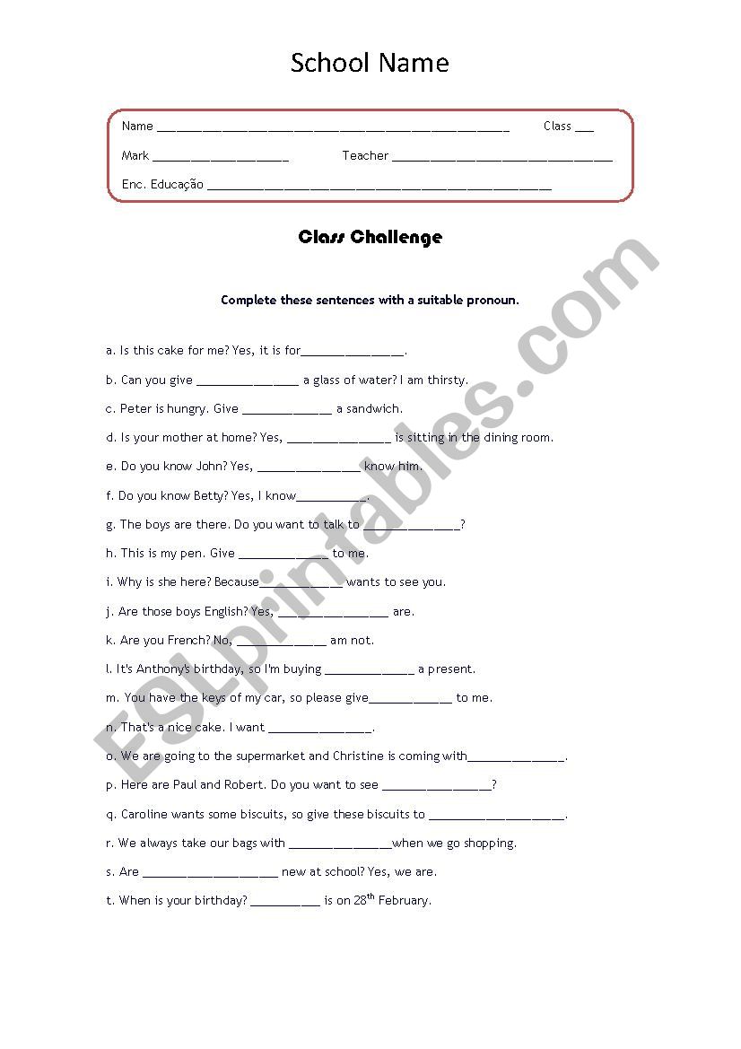 Class Challenge - Personal Pronouns