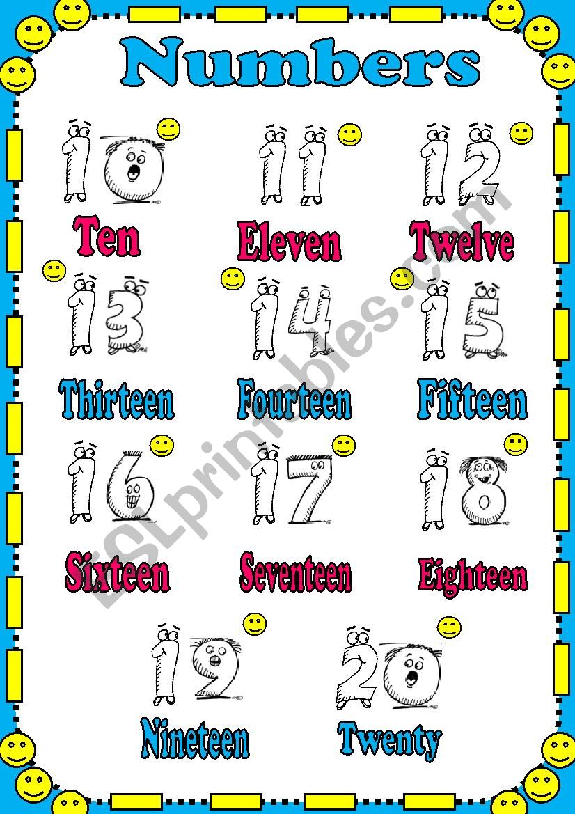 Numbers 10 to 20 - PICTIONARY worksheet