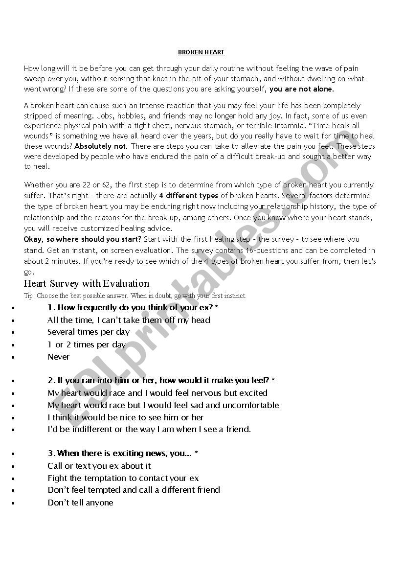 How to mend a broken heart worksheet