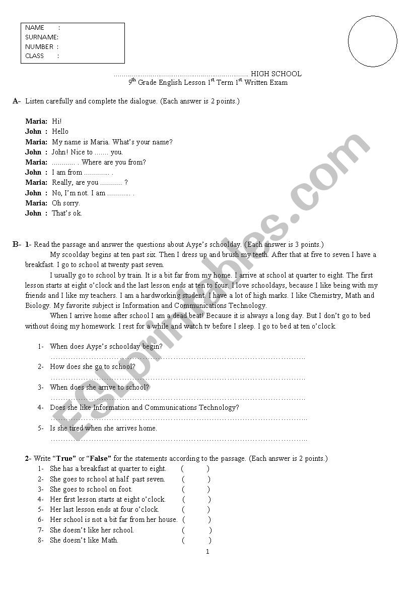 9th Grades worksheet