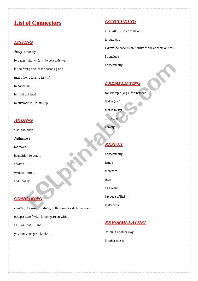 Connectors worksheet