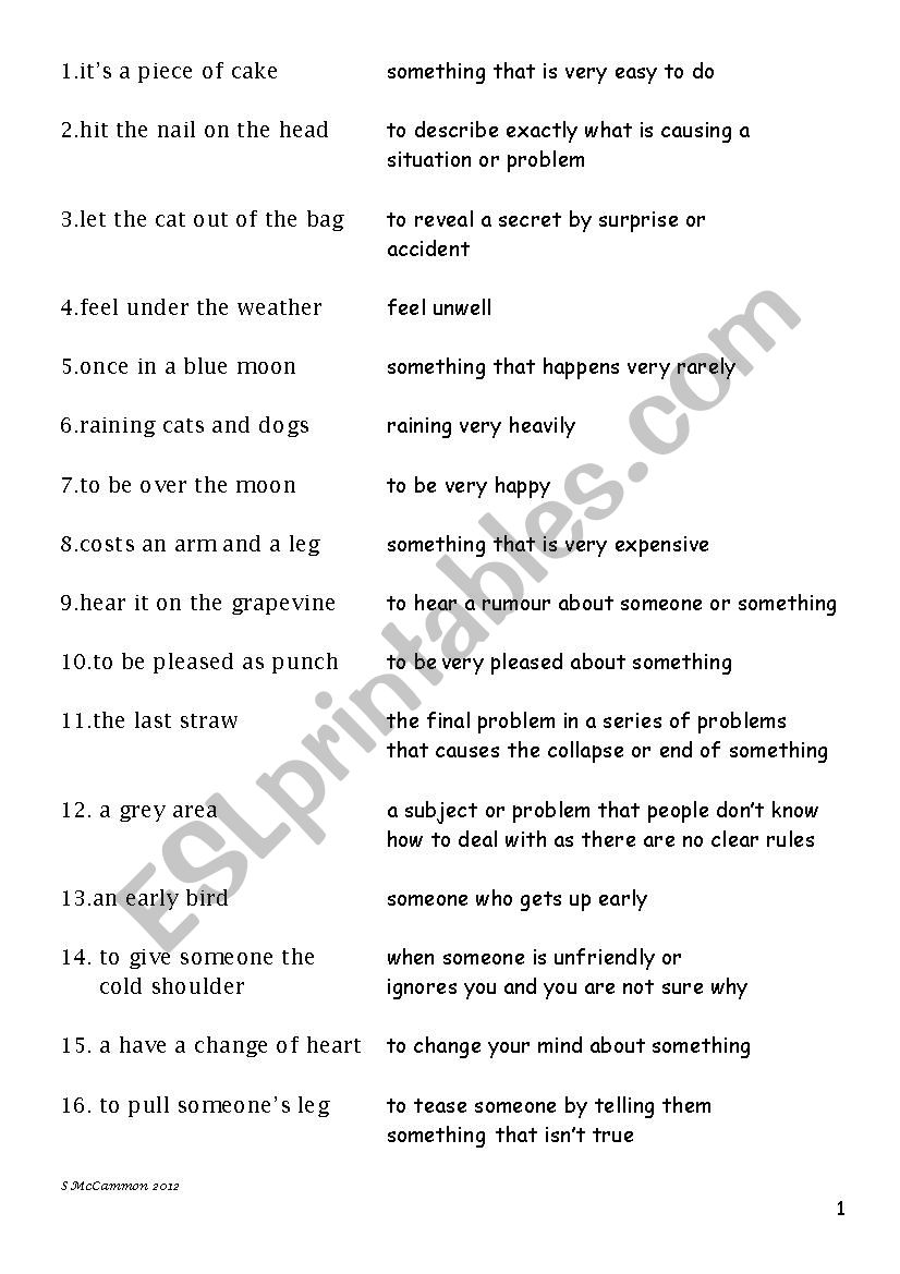 Idioms - 16 Common Idioms worksheet