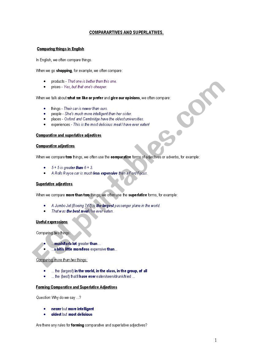 Comparative and superlatives worksheet