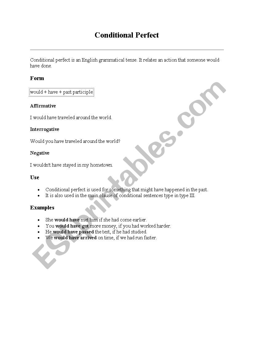 conditional perfect worksheet