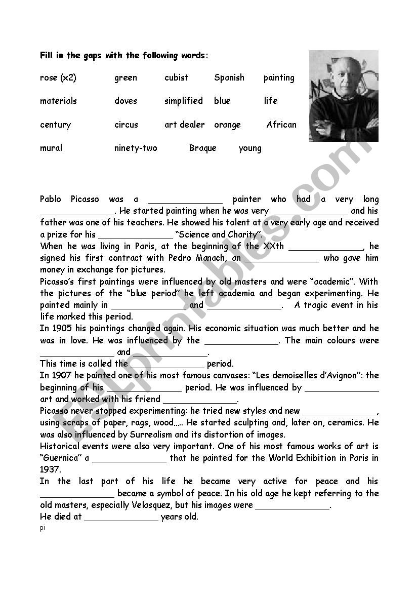 picassos cloze test worksheet