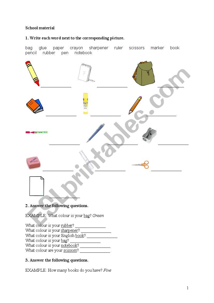 School material worksheet