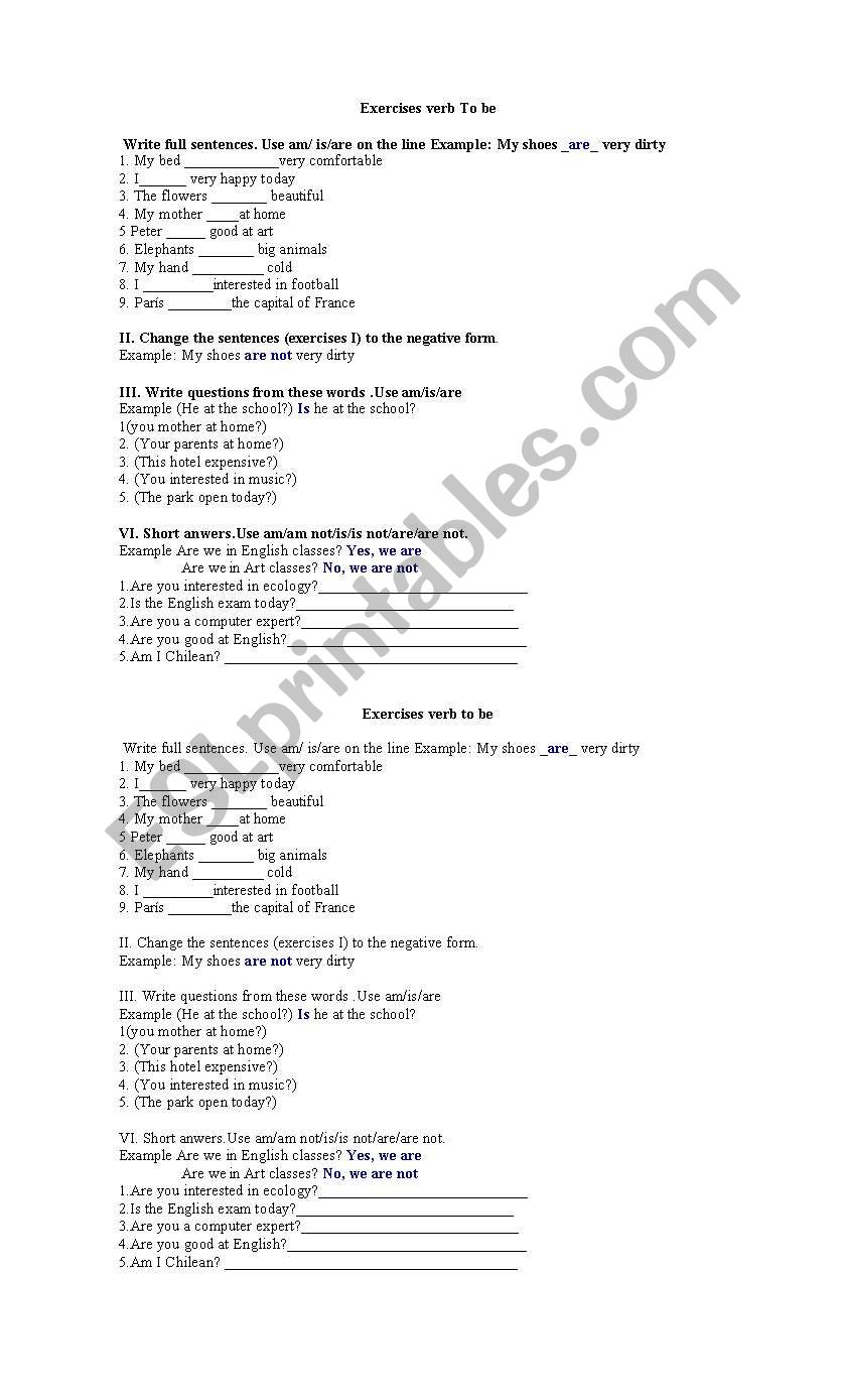 verb to be worksheet