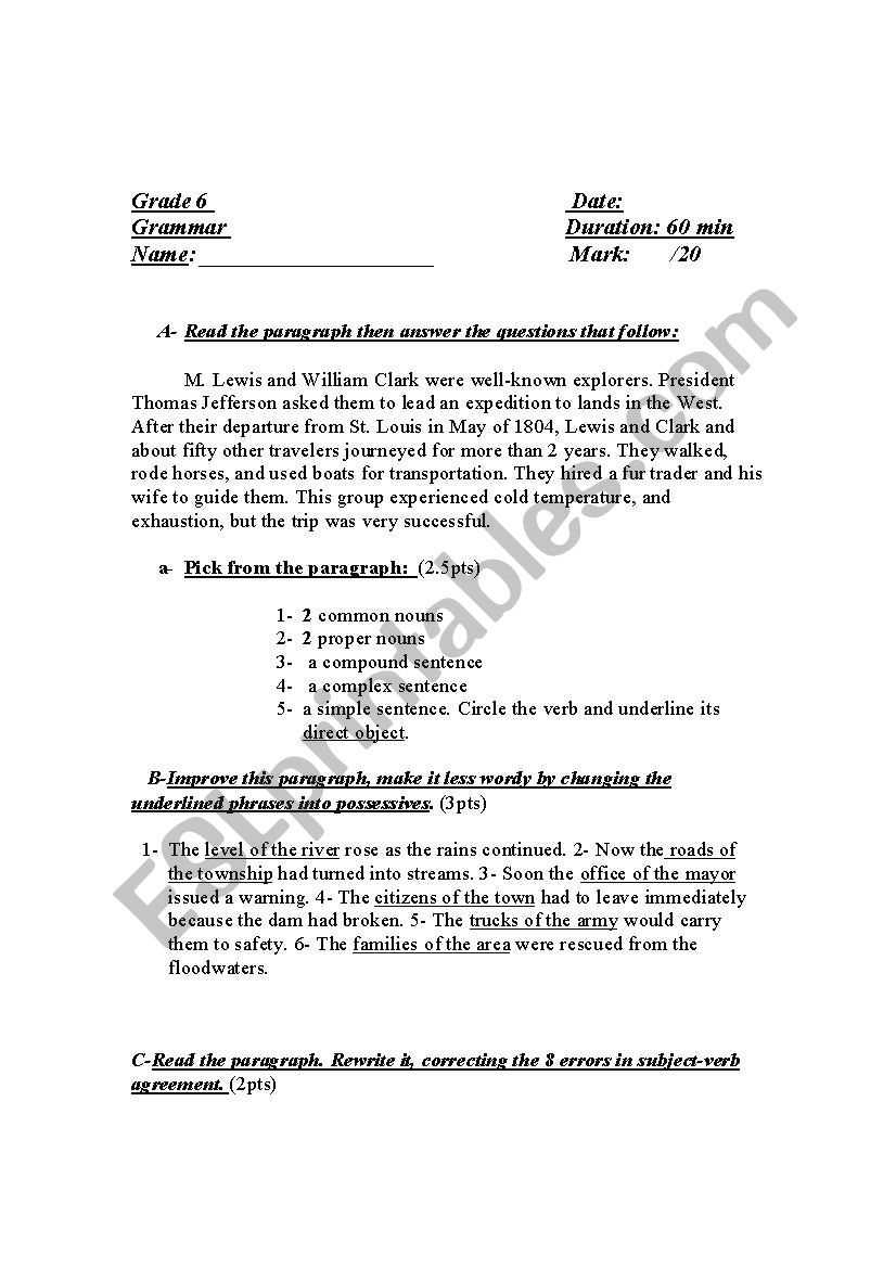 grammar test worksheet