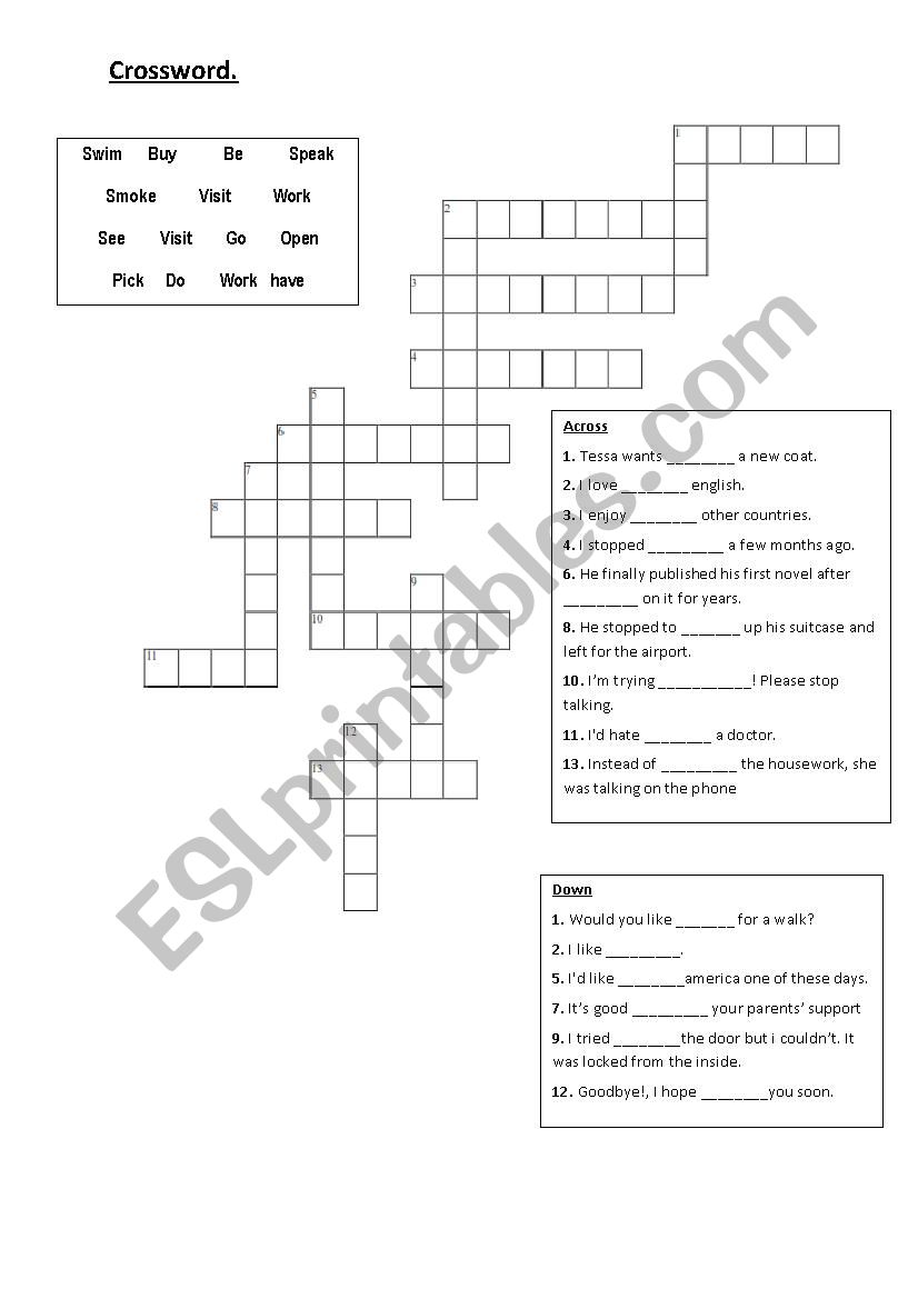 crossword ing/infinitive worksheet