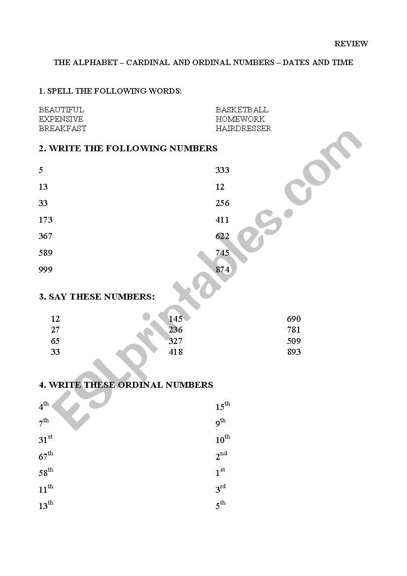 REVIEW NUMBERS, DATES AND THE TIME REVIEW NUMBERS, DATES AND THE TIME