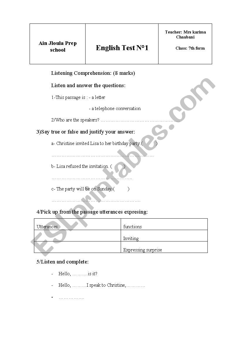 8th form test n1 worksheet