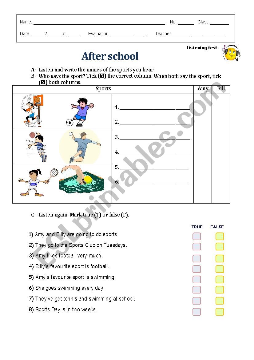 listening test - about sports - at school