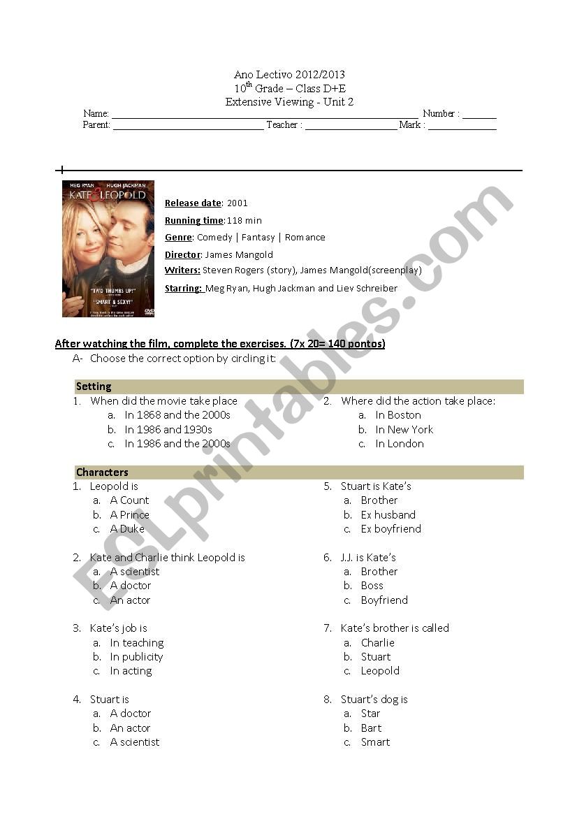 Kate and Leopold - film Worksheet