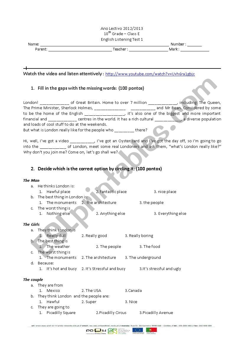 Visiting London Listening worksheet