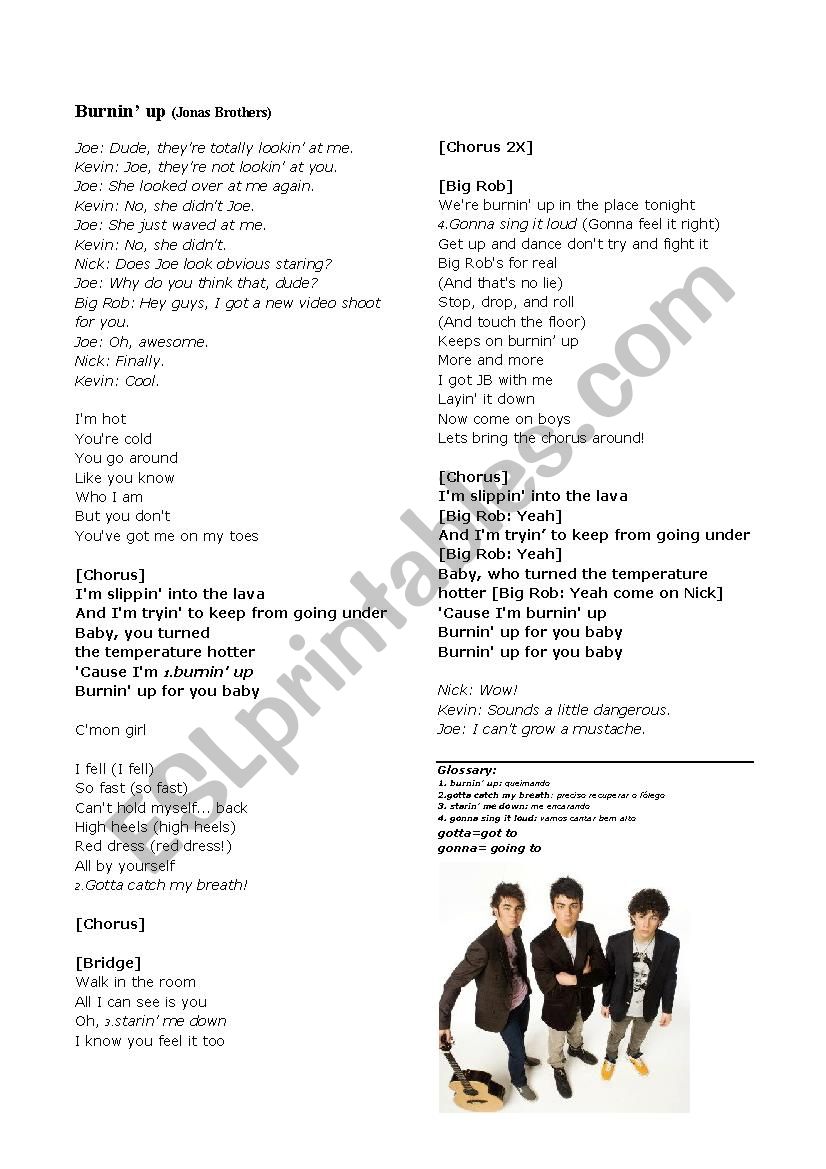 Burnin up by Jonas Brothers worksheet