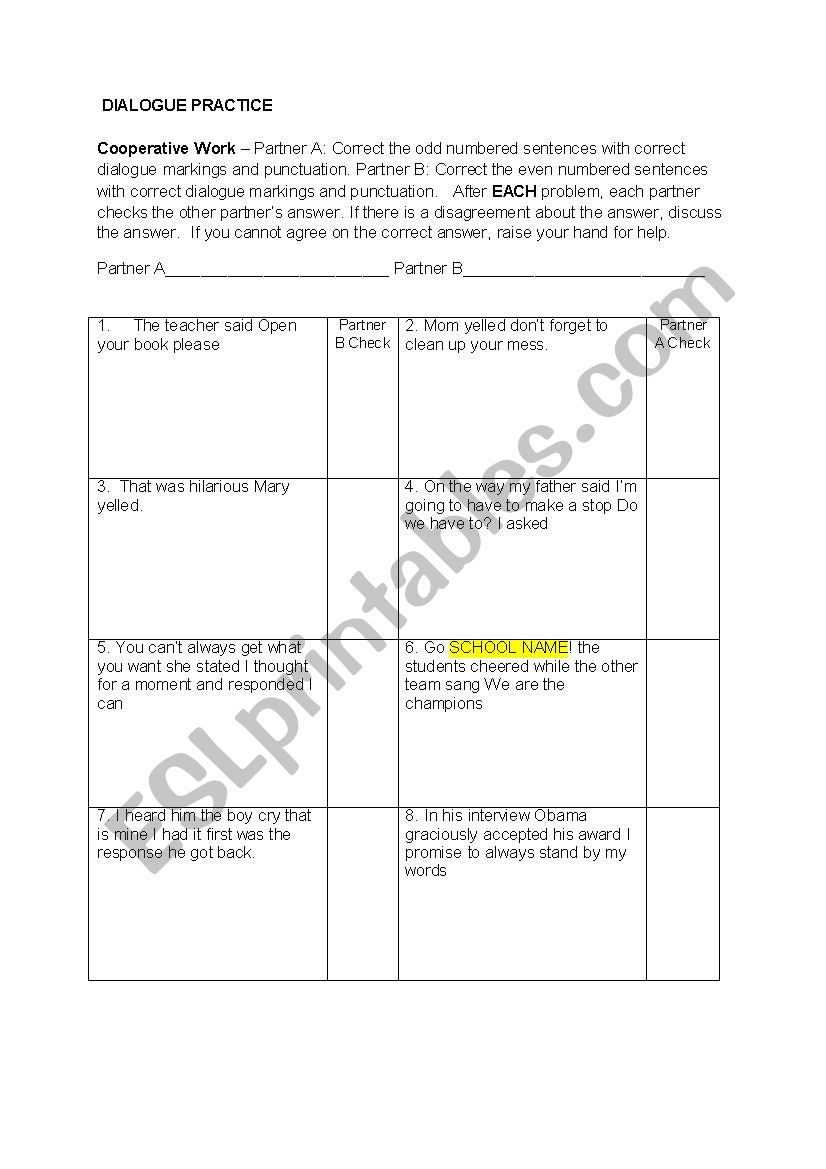 Dialogue Cooperative Task worksheet