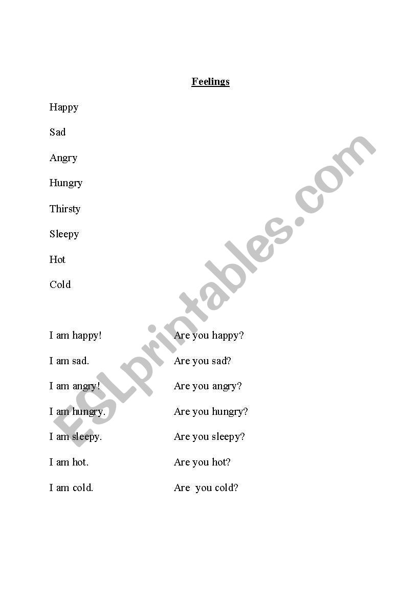 Feelings List worksheet