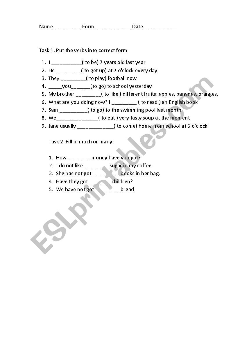 Test Tenses/many/much worksheet