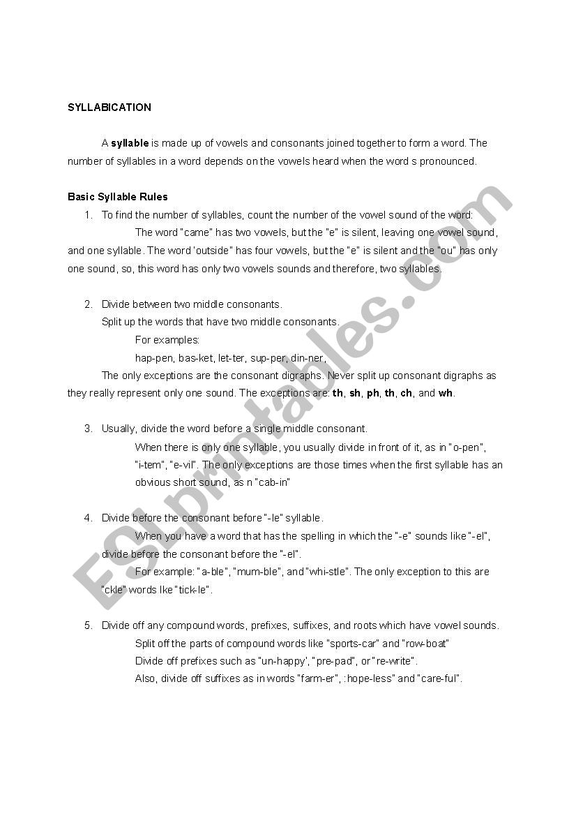 syllabication worksheet