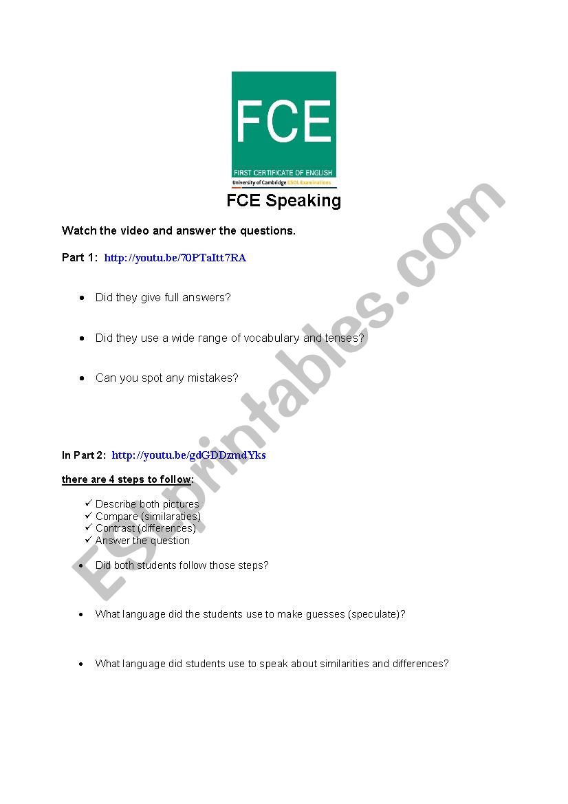 FCE speaking analysis worksheet