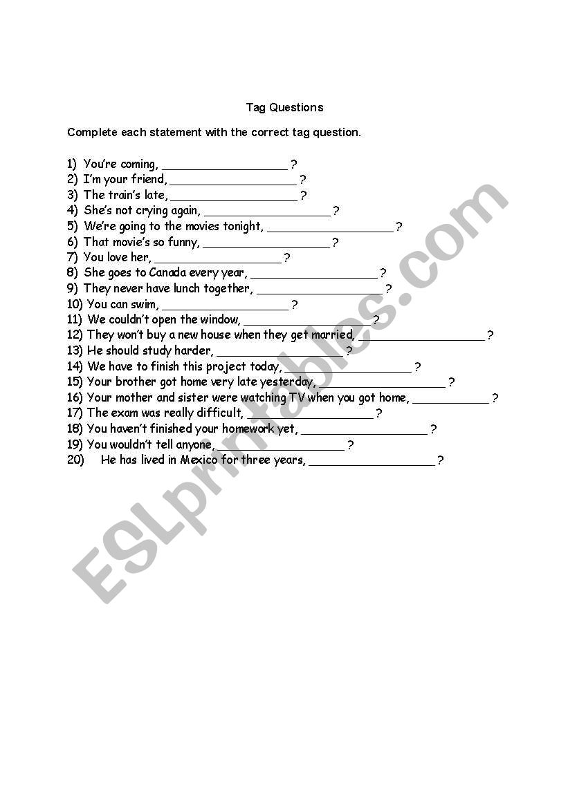 Tag questions worksheet