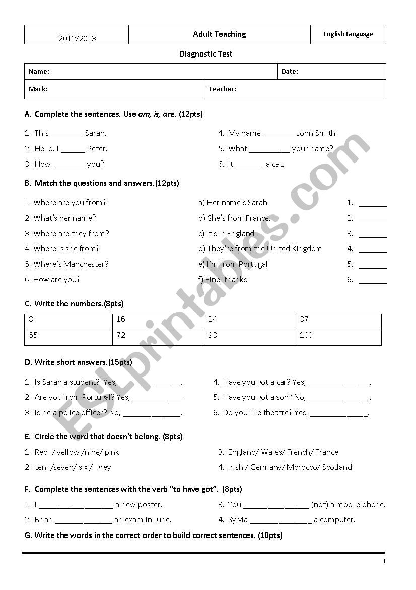 Diagnostic Test worksheet