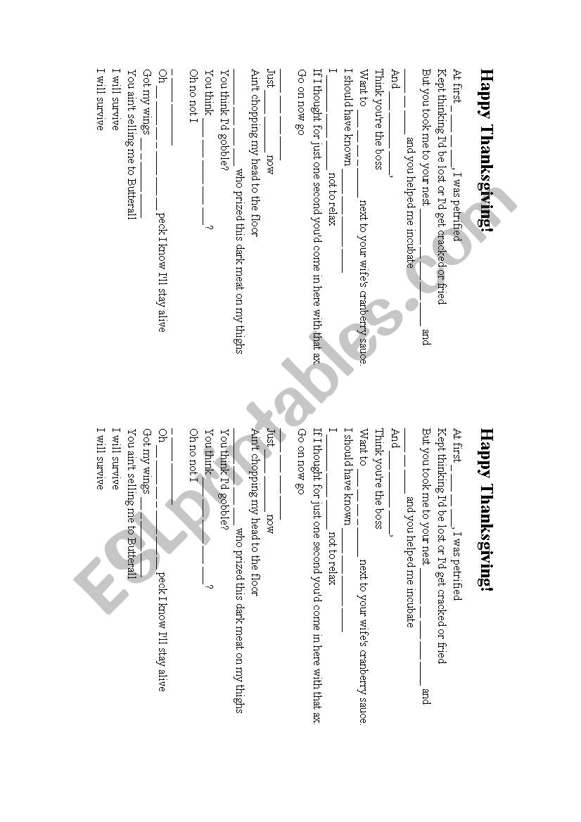 I Will Survive Thanksgiving Lyric Worksheet