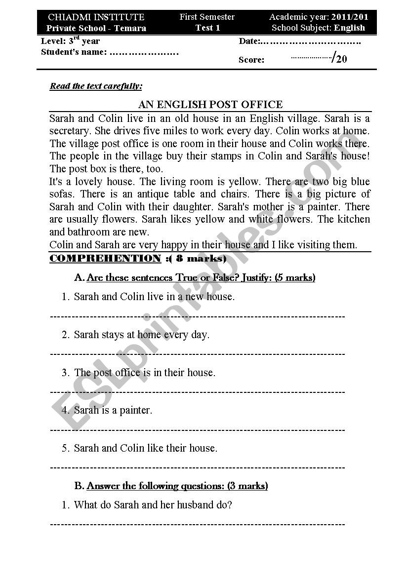 AN ENGLISH POST OFFICE worksheet