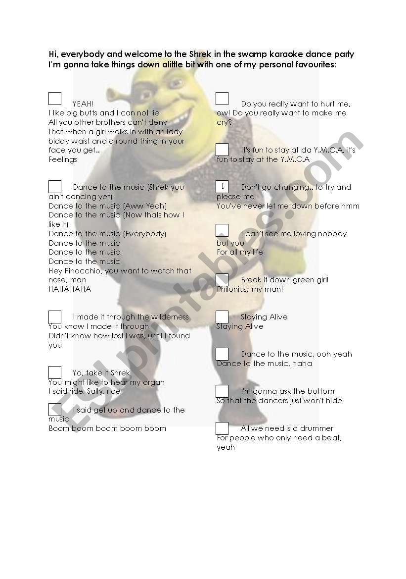 Shrek Karaoke Dance Party worksheet