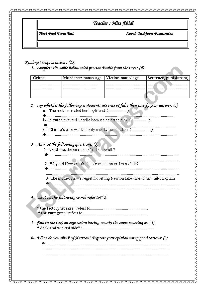 First End-Term Test  for Second Year Tunisian Pupils.