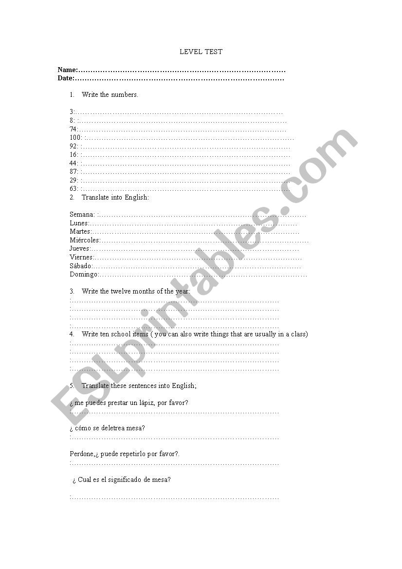 level test worksheet