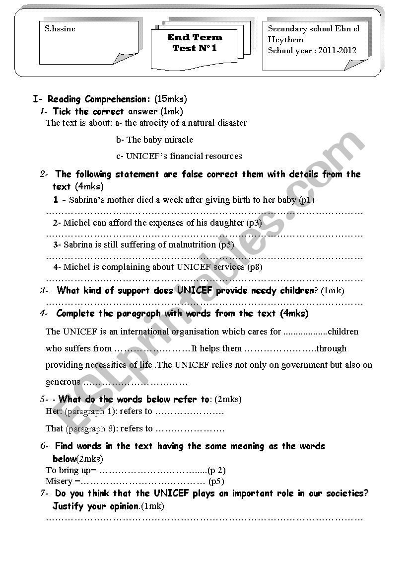 end of term test n1  worksheet