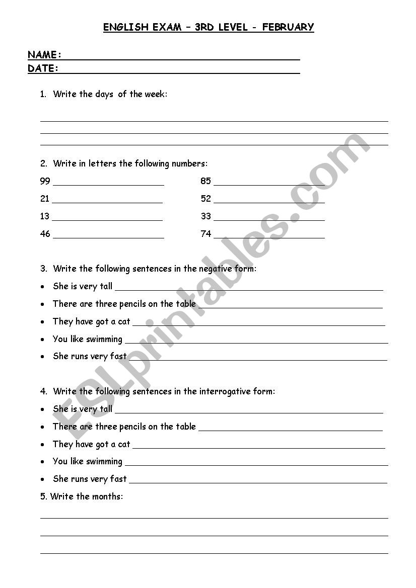 English exama third graders worksheet