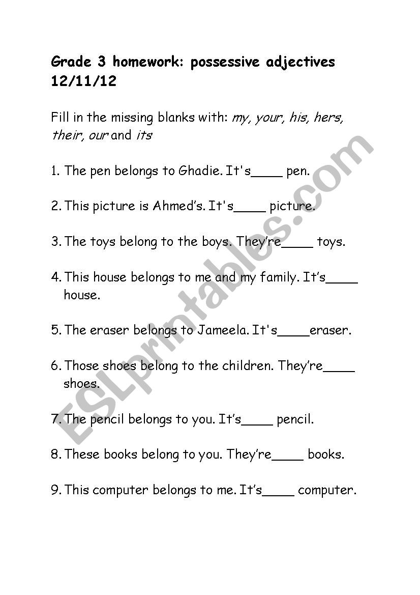 Possessive adjectives worksheet