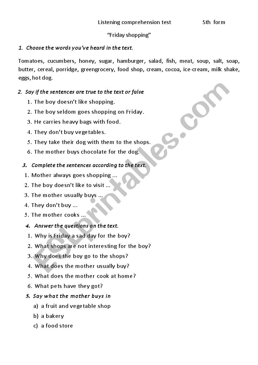 Friday shopping Test worksheet