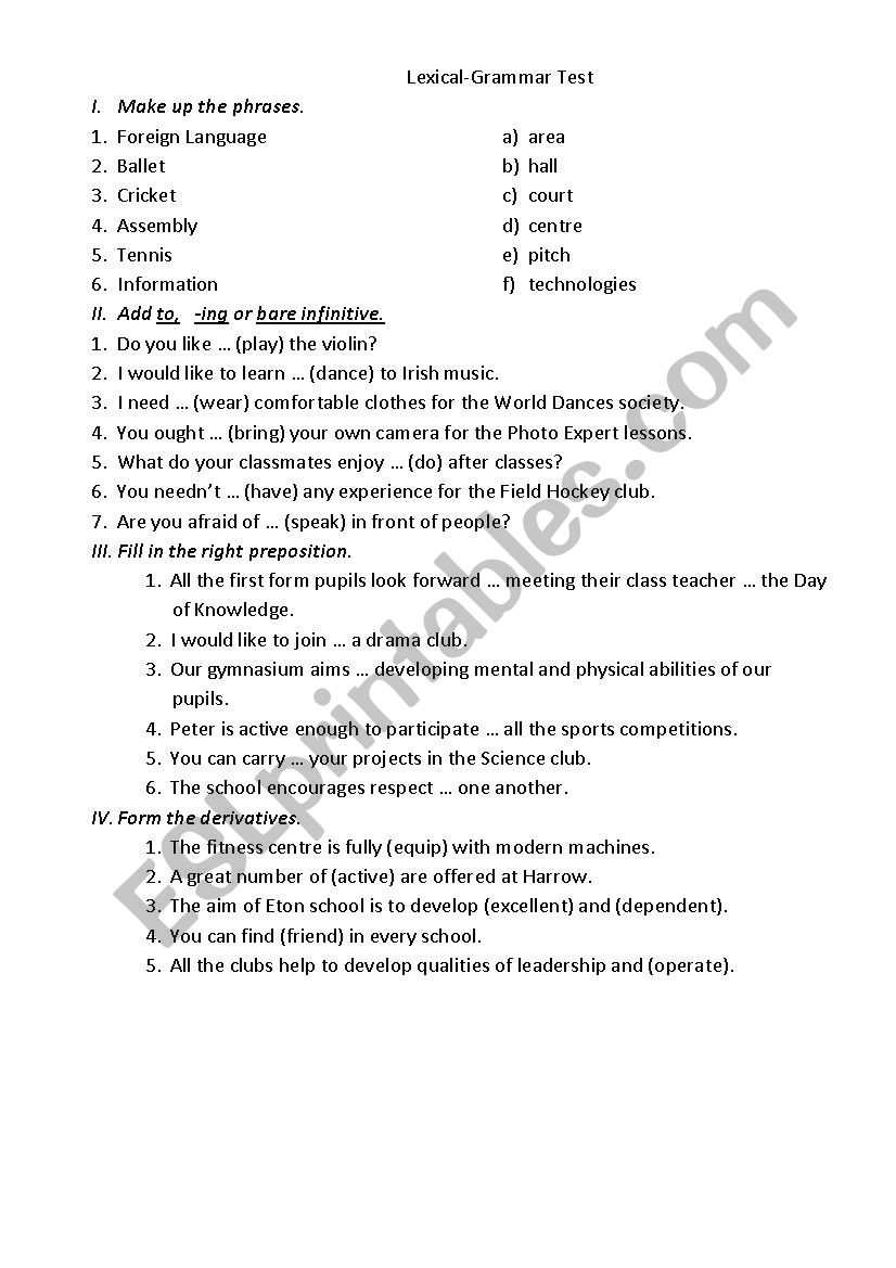 School Lexical-Grammar test worksheet