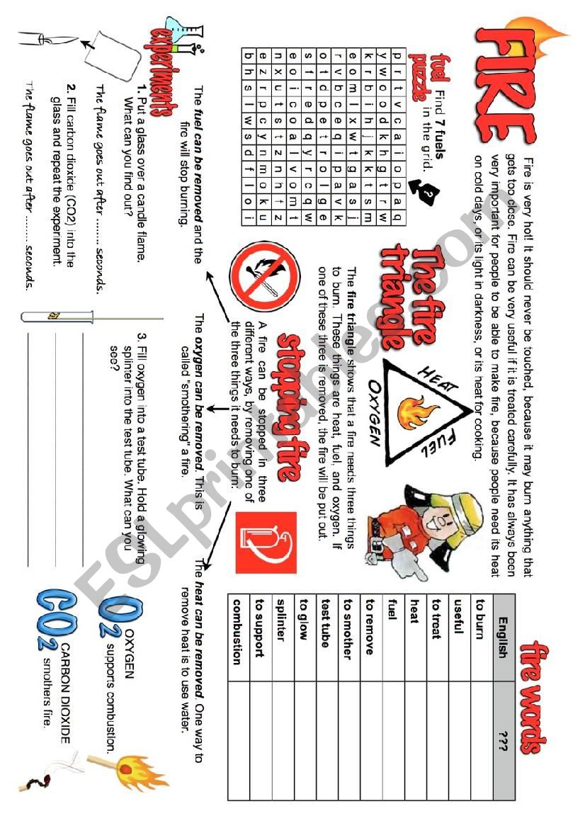 Fire - Info and experiments worksheet
