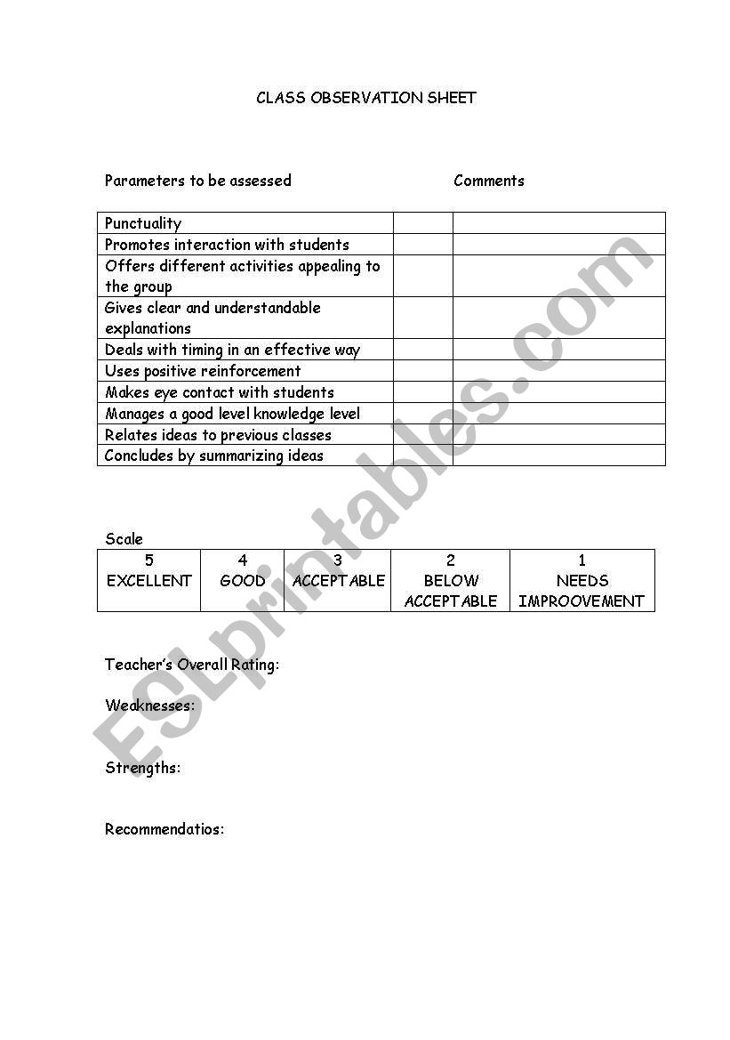 Class Observation Sheet worksheet