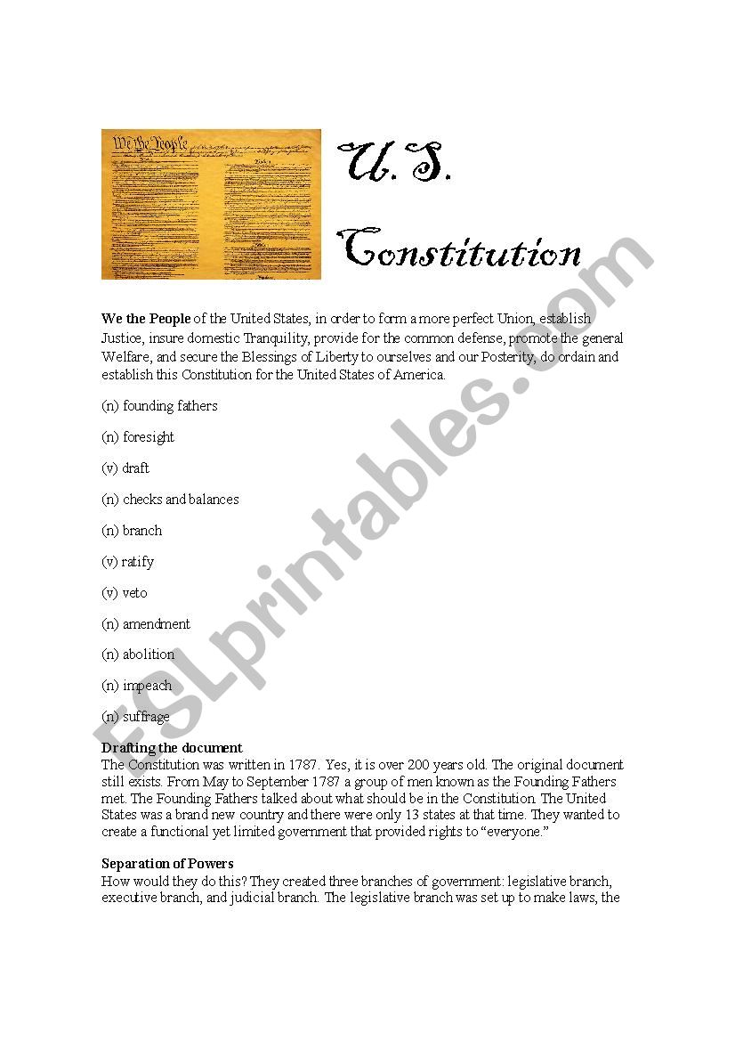 U.S. Constitution - ESL worksheet by SarahDyer20 Inside The Us Constitution Worksheet