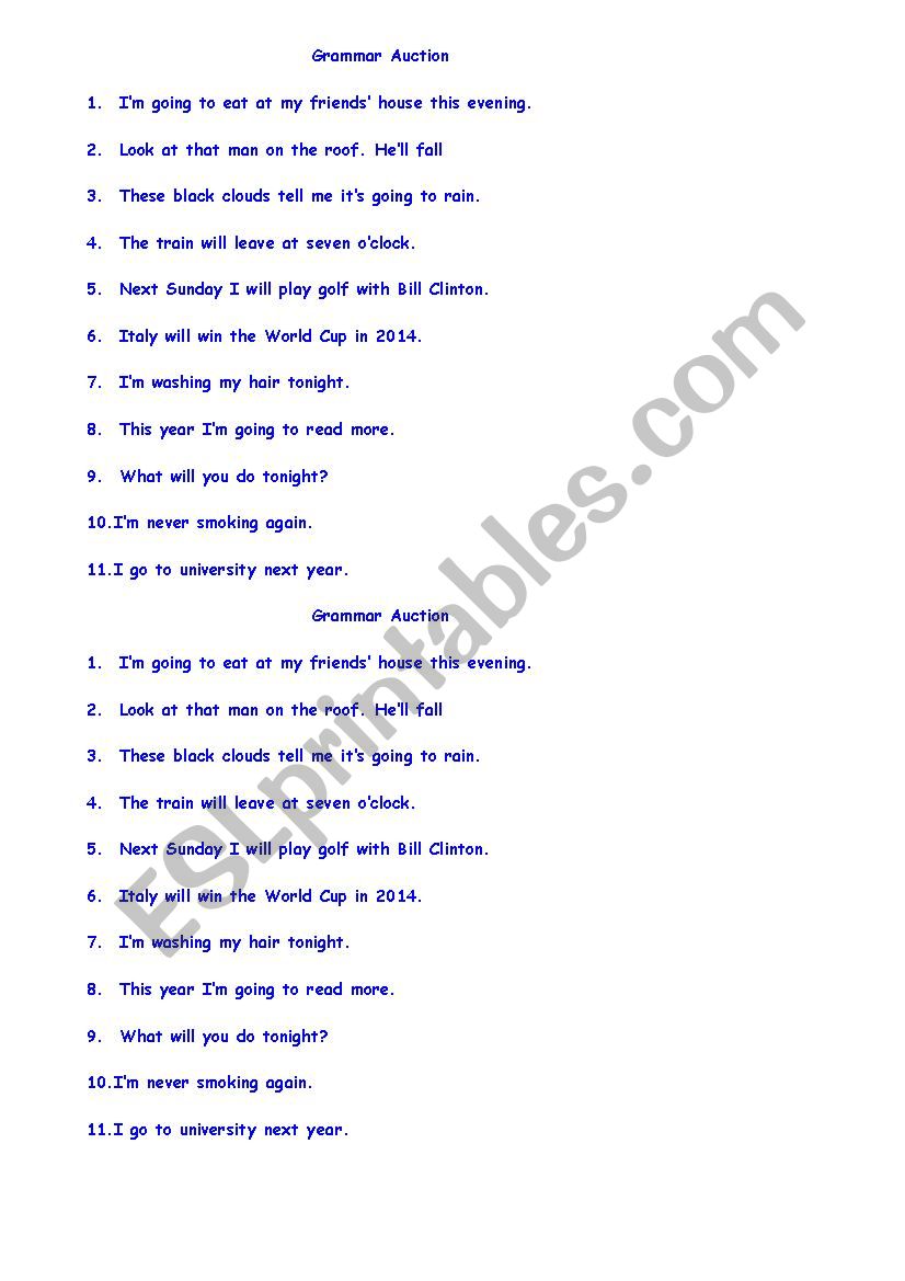 Future tense. Grammar auction worksheet