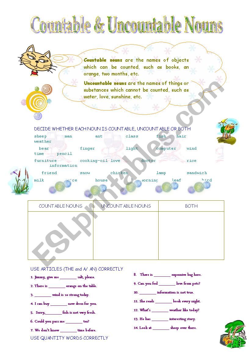 countable & uncountable nouns worksheet
