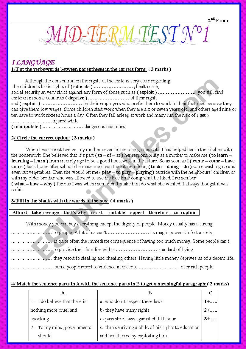Mid-Term Test N2 part 1 worksheet