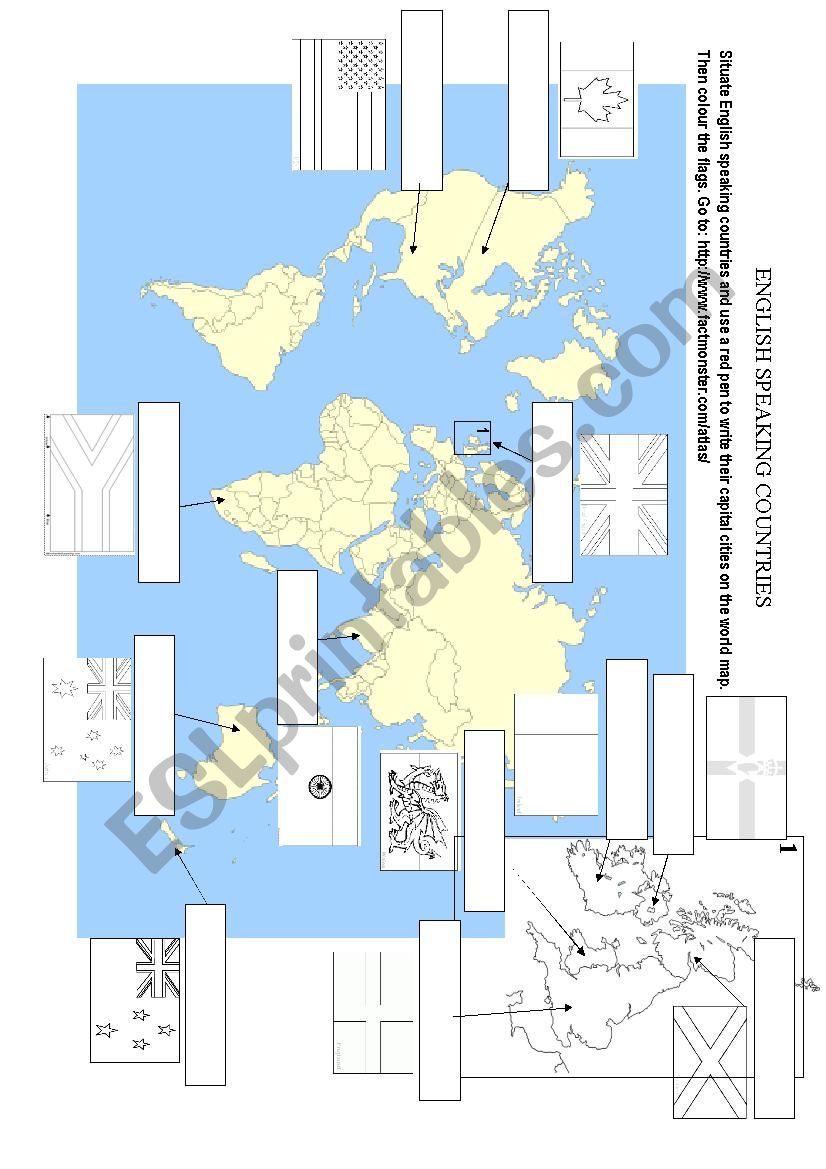 Engish speaking countries map worksheet