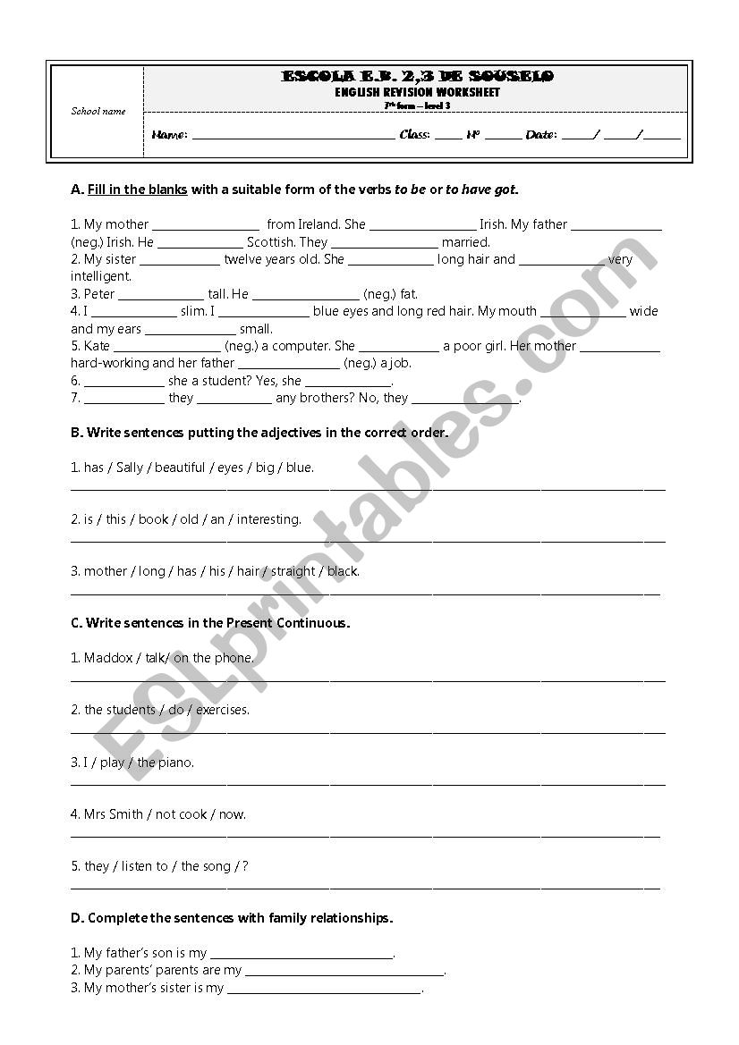 Revision Worksheet  worksheet