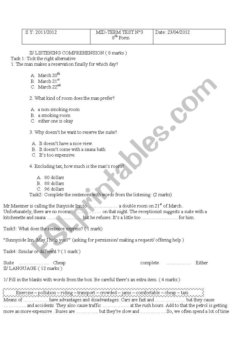 Mid-Term Test 3 worksheet