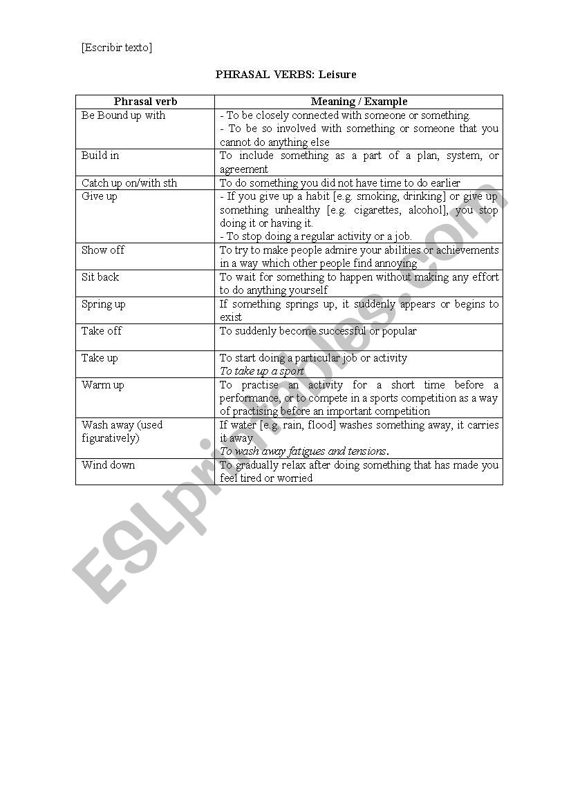 Phrasal verbs about leisure worksheet